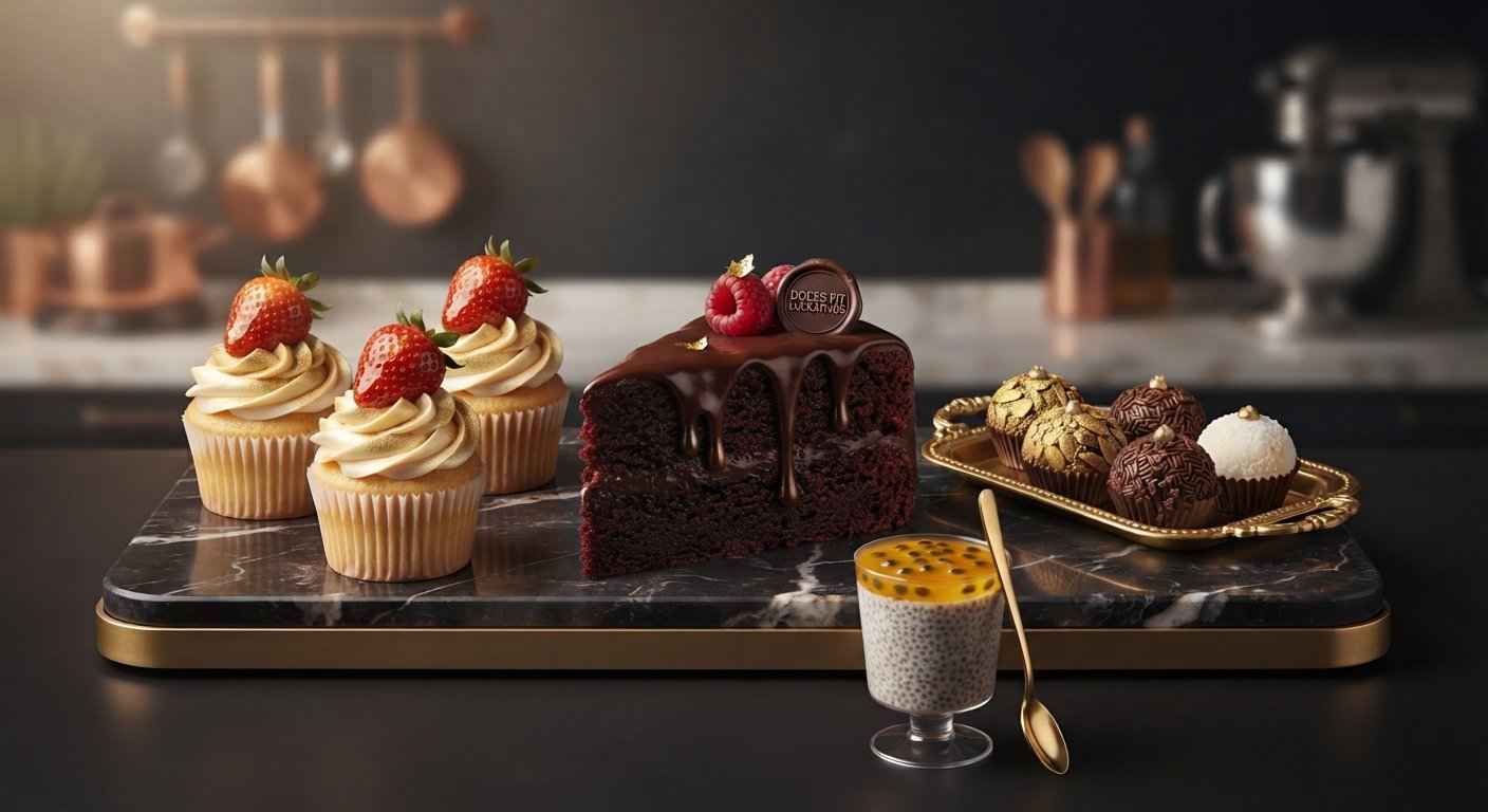 Doces variados: cupcakes, bolo de chocolate, brigadeiros e pudim de chia
