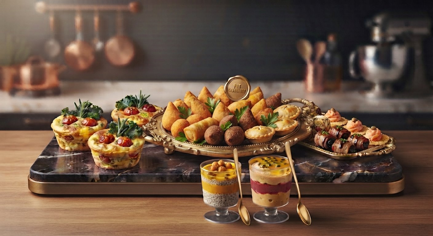 Salgados variados: coxinhas, empadas, bolinhos e quiches servidos em bandeja dourada