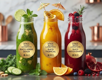 Três garrafas de sucos naturais: verde detox, tropical e antioxidante